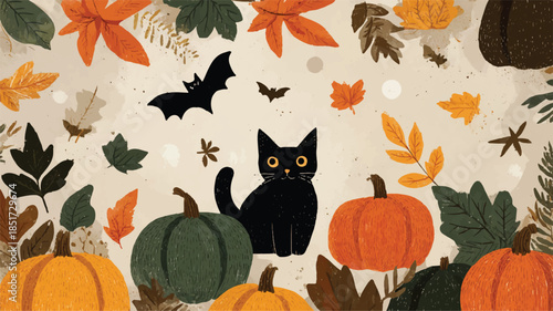 black cat and pumpkins with leaves and bats flying around