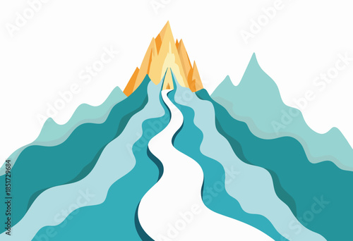 Abstract Illustration of Vibrant Mountain Landscape Featuring Dynamic Peaks and Flowing River in Bold Blues and Oranges Against Pure White Background