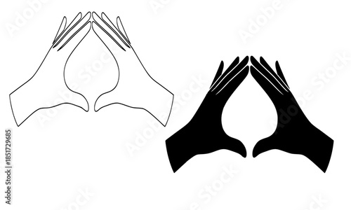 Heart Hands Gesture Icon Set, Two Hands Forming Heart Shape Outline and Silhouette, Love Symbol, Yoga Mudra, Valentine Day Gesture, Black and White
