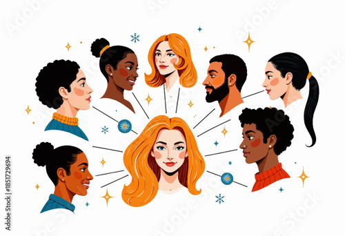 Illustrated multicultural portrait featuring diverse individuals in side profiles radiating from a central figure, showcasing unity and diversity through vibrant colors