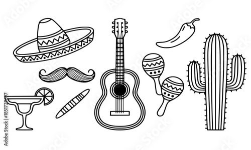 Mexican Fiesta Icon Set, Sombrero Guitar Chili Cactus Maracas Tequila Mustache, Black Line Art Mexican Culture Symbols, Cinco de Mayo Party Elements