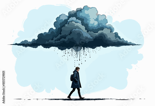 Illustration of a solitary person walking with a shadowy rain cloud overhead, embodying themes of solitude, introspection, and emotional expression.
