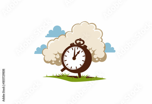 Illustration of a whimsical clock character with legs running energetically through a grassy field, surrounded by fluffy clouds under a bright blue sky