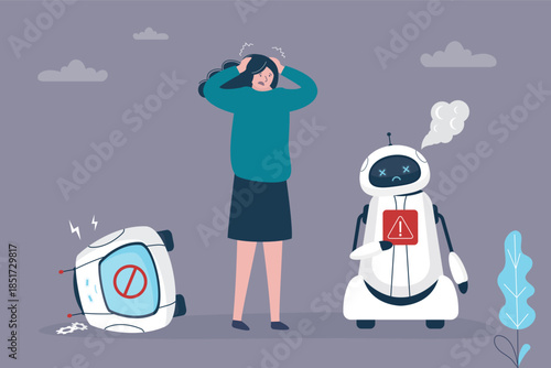 Cyborg with errors and mistakes. Chatbot error service of online support technology. Broken robot and shocked client on dark background. Robot needs repairs