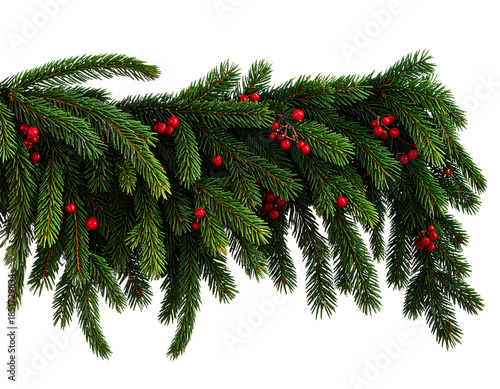 A realistic Christmas tree garland featuring dense green pine needles interspersed