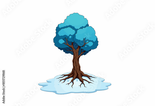 Vibrant Blue Tree with Exposed Roots Grows on a Small Patch of Melting Snow Against a Clean White Background