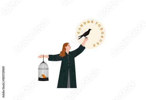 Illustration of woman releasing bird from cage symbolizing freedom with mysterious round symbol in background conveying liberation and transformation theme
