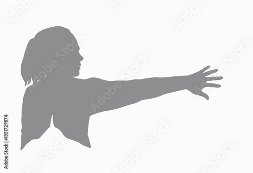 Silhouette of a person extending arm with open hand against a light background, depicting a gesture or movement in graceful form and dynamic stance