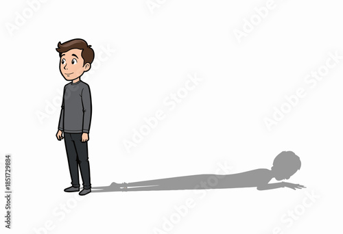 Cartoon boy in casual attire casting an elongated shadow that transforms into a crawling figure, illustrating a playful and imaginative contrast between reality and perception