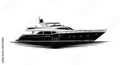 Detailed illustration of a luxury yacht on water presented as a striking silhouette