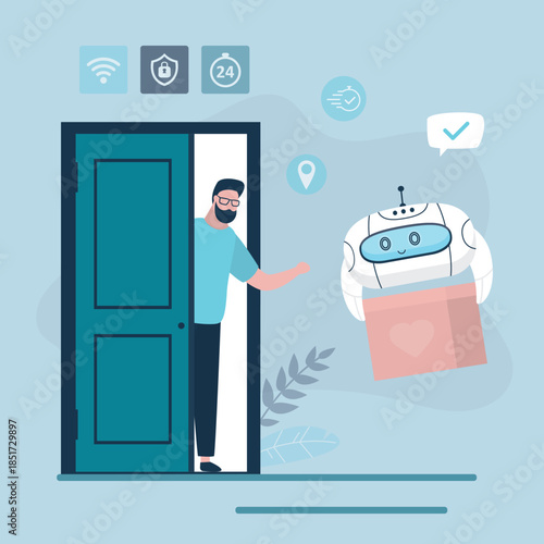 Delivery service. Flying cyborg сourier gives box to customer. Man receives box from shipper. Smart robot holding parcel. Technology of automatically shipment and delivery.