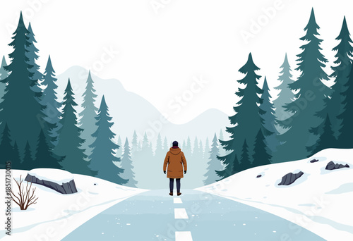 Solitary Wanderer Embracing the Serenity of a Snow-Covered Forest Path Amidst Towering Evergreen Trees on a Tranquil Winter Day with Misty Mountains Beyond