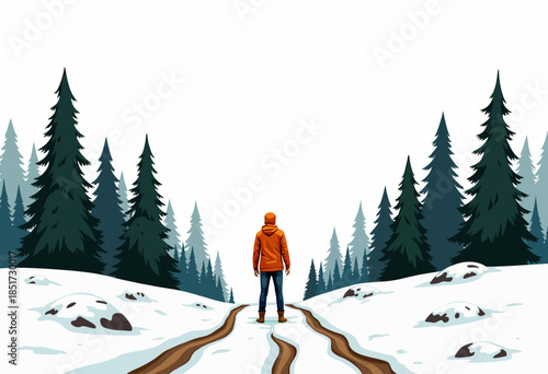 A Lone Traveler in an Orange Jacket Stands on a Snowy Path Surrounded by Tall Evergreen Pine Trees under a Clear Sky in a Vast Winter Wonderland