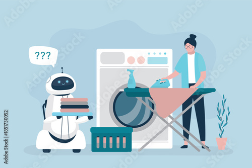 Housewife ironing clothes on ironing board. Woman washed in washer and ironed textiles. Female character and smart cyborg doing laundry. Modern robot engaged in housekeeping.