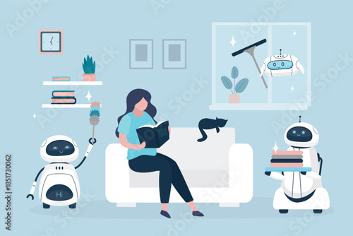 Robot assistants work at home. Automated helpers cleaning room, ironing, carrying laundry. Smart ai machines or appliance. Woman owner sitting on sofa and reading book