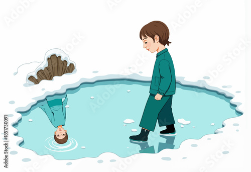A young child in winter attire gazes thoughtfully at their reflection in a puddle, surrounded by snow, capturing a moment of introspection and childhood wonder.