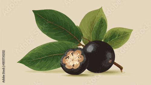 Black fruit with green leaves and branch