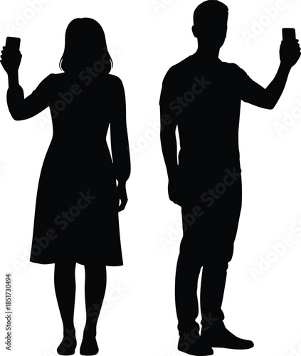 Man and woman silhouettes using smartphone, mobile technology communication concept, people holding phones isolated on white background, digital lifestyle illustration