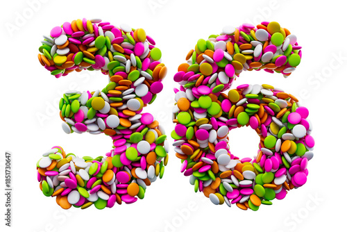 Foto Colorful sugar beans 36 or Thirty Six isolated on white background