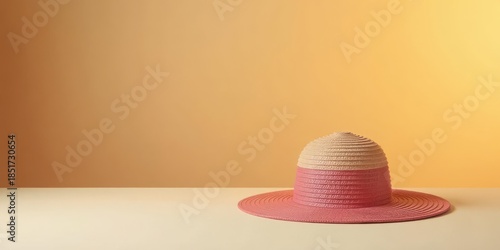 A Stylish Two-Toned Straw Hat Rests on a Pale Surface Against a Warm Background