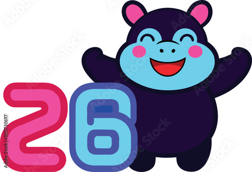 Happy hippo celebrating twenty-six isolated on transparent background