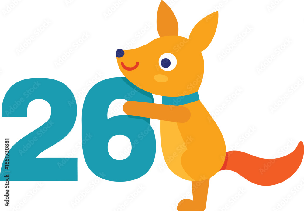 Obraz premium Cartoon fox holding number 26 isolated on transparent background