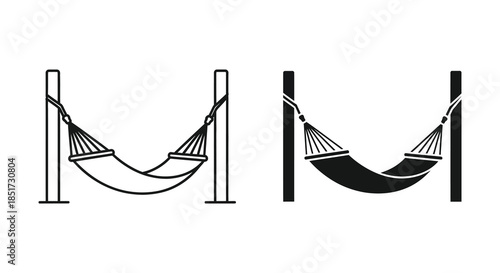 Two hammocks suspended between wooden posts a relaxing scene in black silhouette
