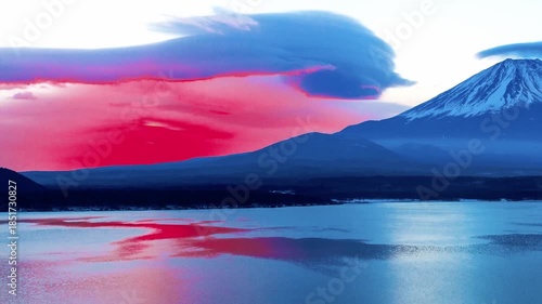 夜明けの富士山（タイムラプス・ズームアウト）　山梨県本栖湖にて