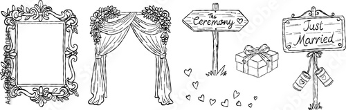 Wedding ceremony arch and rustic wooden signs hand drawn doodle vector, vintage ornate frame and just married sign sketch illustration