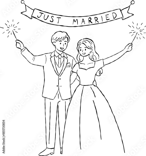 Happy wedding couple holding sparklers hand drawn doodle vector, romantic bride and groom just married celebration sketch illustration