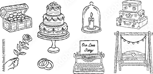 Vintage typewriter love story and wedding cake valentine hand drawn doodle vector, treasure chest and travel luggage sketch illustration