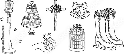 Vintage microphone and wedding bells valentine hand drawn doodle vector, romantic cupcakes and ice skates sketch illustration, love gift elements