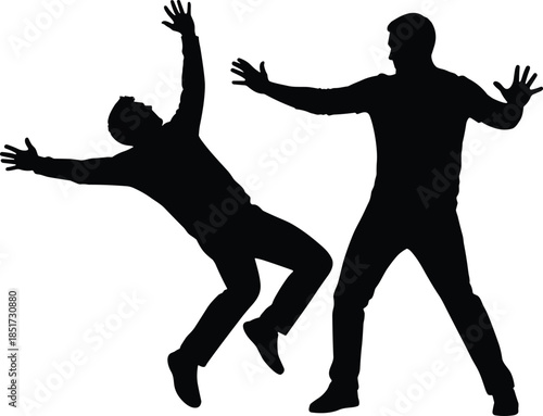 Man silhouettes losing balance and stopping, danger warning concept, risk prevention gesture figures isolated on white background, safety awareness illustration