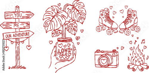 Wooden adventure signpost and monsteras plant valentine hand drawn doodle vector, cute roller skates and campfire sketch illustration, minimalist love elements