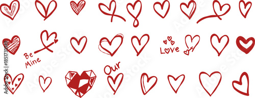Red heart brush stroke collection valentine hand drawn doodle vector, cute love symbol sketch illustration for wedding, minimalist romantic decorative elements