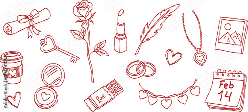 Red lipstick and jewelry necklace valentine hand drawn doodle vector, romantic chocolate and rose sketch illustration, minimalist love beauty elements