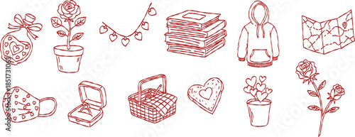Picnic basket and travel map valentine hand drawn doodle vector, red rose and jewelry ring box sketch illustration, minimalist love lifestyle elements