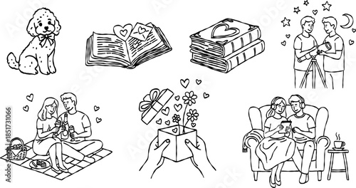 Couple stargazing and picnic date valentine hand drawn doodle vector, cute poodle dog and book sketch illustration, minimalist romantic lifestyle elements