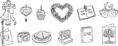 Romantic dancing couple and floral heart wreath valentine hand drawn doodle vector, cute love sandwich and polaroid photo sketch illustration for wedding card