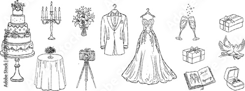 Tiered wedding cake and elegant bridal gown valentine hand drawn doodle vector, romantic banquet table sketch illustration, minimalist love celebration elements