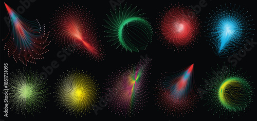 Abstract Colorful Particle Flow Lines Vector Set on Black Background with Glowing Dots, Futuristic Data Waves, Radial Spirals and Dynamic Light Motion Shapes