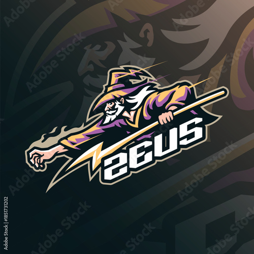 Zeus mascot logo design vector. Zeus illustration with stick in hand.