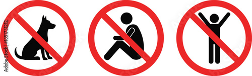 Set of Prohibition Signs, Including No Dogs Allowed, No Sitting or Loitering, and No Cheering or Jumping, Warning Icons with Red Circle and Diagonal Line for Public Safety