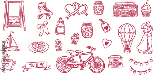 Tandem bicycle and radio boombox valentine hand drawn doodle vector, pink romantic couple sketch illustration, minimalist love elements for wedding card
