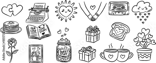 Romantic typewriter and pancake valentine hand drawn doodle vector, cute love story book sketch illustration, minimalist heart toast and gift box for wedding