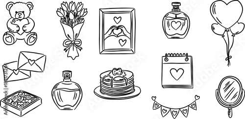 Teddy bear and pancake stack valentine hand drawn doodle vector, cute romantic perfume sketch illustration, minimalist love elements for greeting card decor