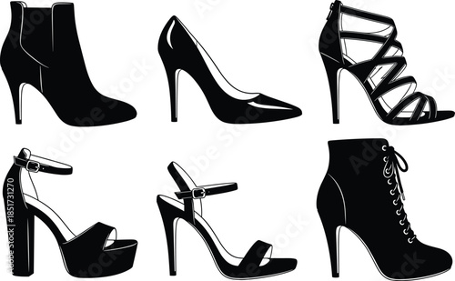 Set of Women's High Heel Shoes Silhouettes, Including Ankle Boots, Stiletto Pumps, Strappy Sandals, and Platform Heels, Black Vector Icons for Fashion, Footwear, and Glamour Design