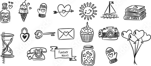 Retro camera and hourglass valentine hand drawn doodle vector, cute romantic sun and boat sketch illustration, minimalist love elements for memory album vector