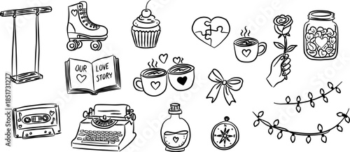 Valentine hand drawn doodle vintage vector with cute love typewriter, romantic storybook sketch illustration for wedding, minimalist heart icons, scrapbook clip art