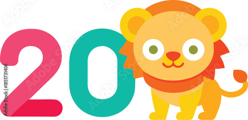 Number twenty with cartoon lion isolated on transparent background